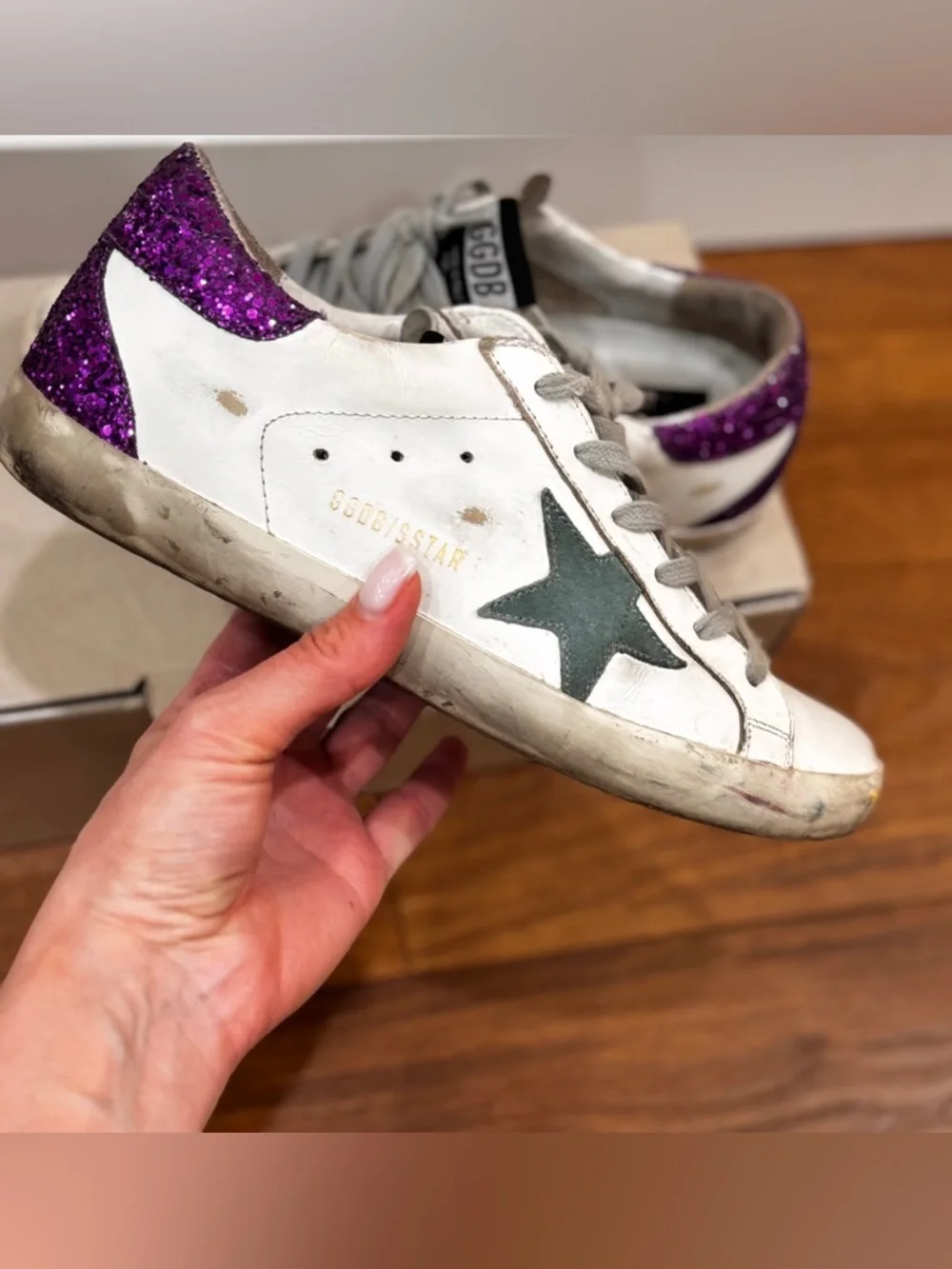 ✨ Golden Goose Super-Star Sneakers – White / Green Star / Purple Glitter Heel 39